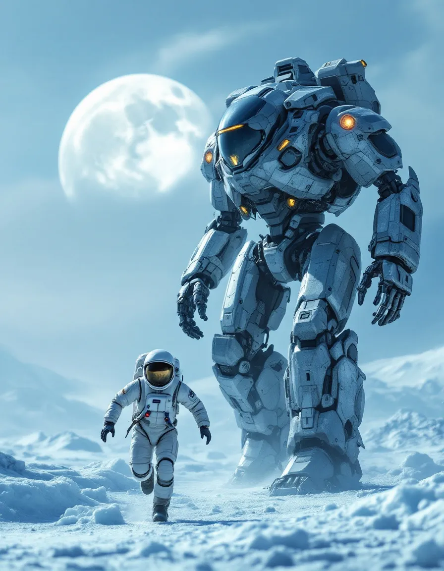 Large, robotic figure standing on a snowy landscape with a smaller human figure and two moons in the sky.