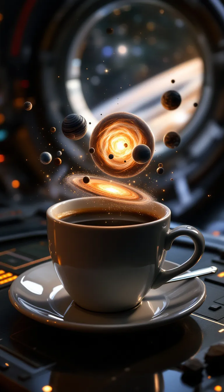 Coffee cup with a swirling, galaxy-like pattern inside, against a background of a spaceship interior.