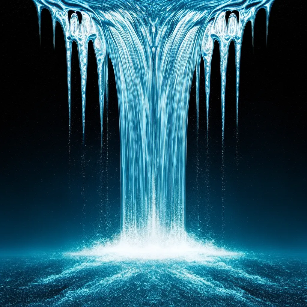 Waterfall of glowing blue light flowing downwards against a dark background.