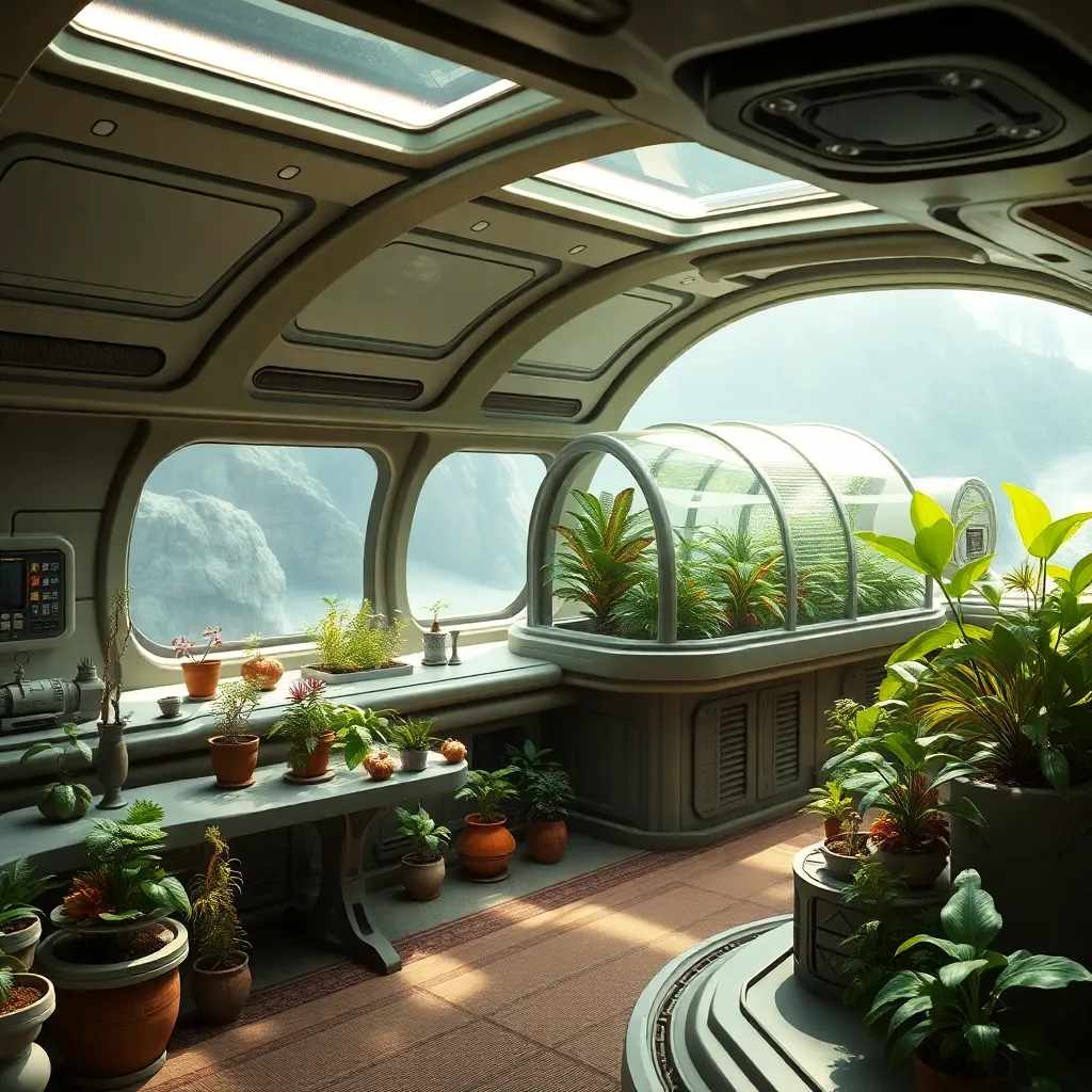 Interior of a spaceship with arched windows and plants growing inside.