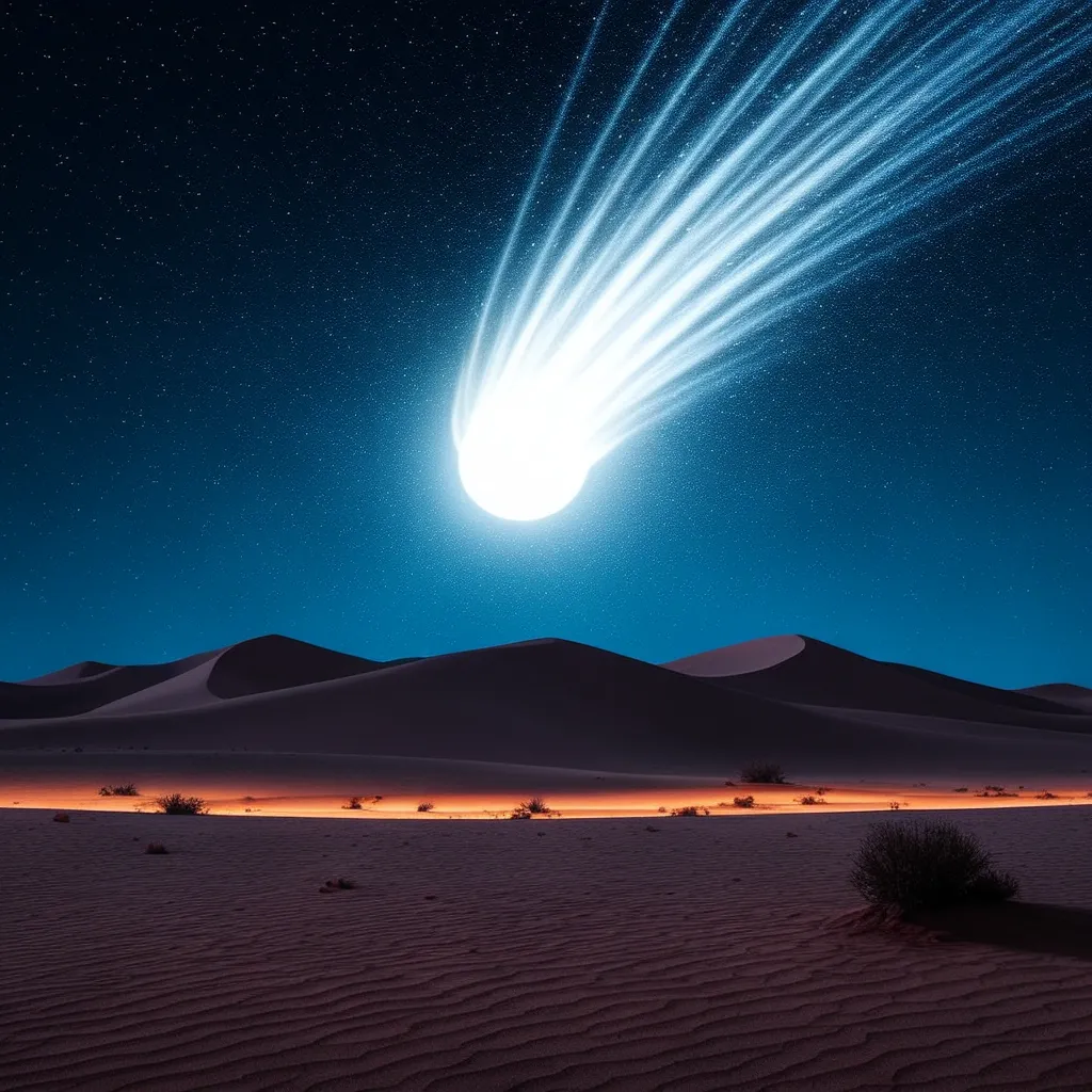 Comet streaking across a dark sky above a desert landscape.