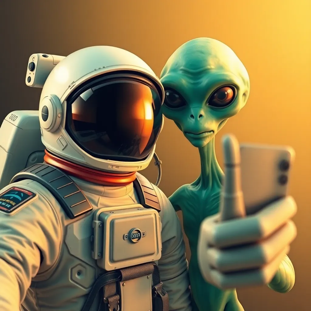 Astronaut and alien taking a selfie together.