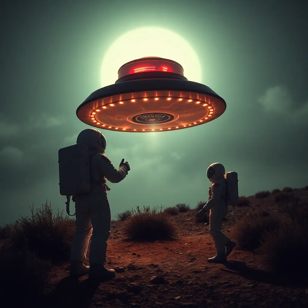 Two silhouetted figures looking up at a UFO with a bright light underneath, hovering above them.