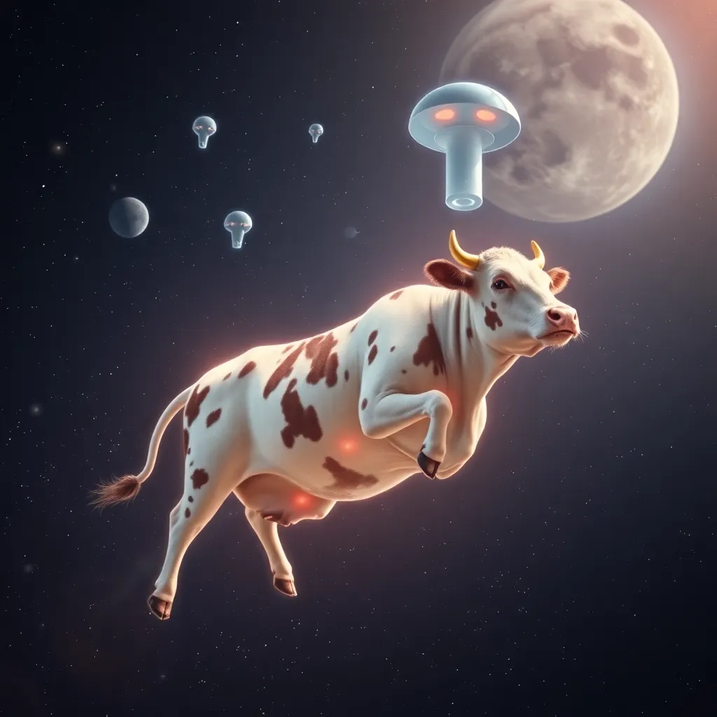 Cow floating in space with glowing, mushroom-like objects in the background.