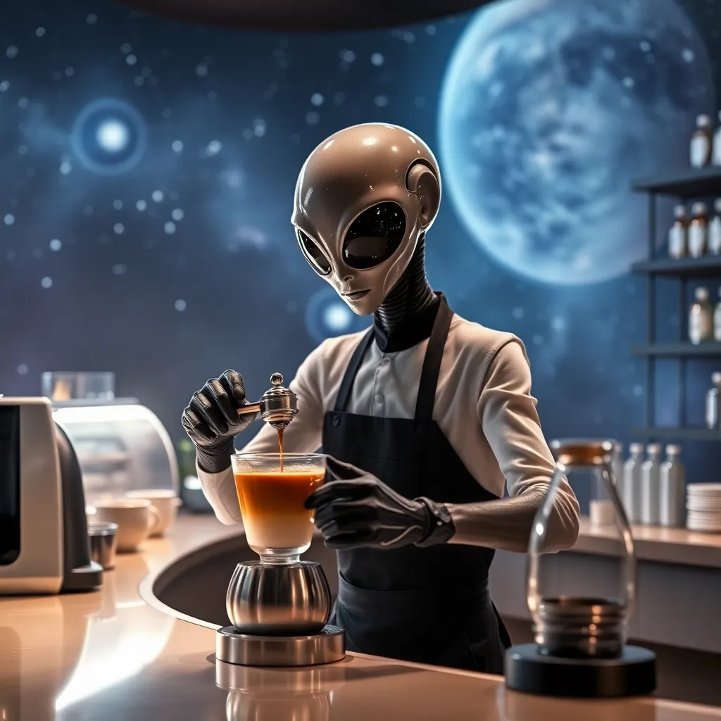 Alien figure standing at a bar with a drink and a planet and moon in the background.