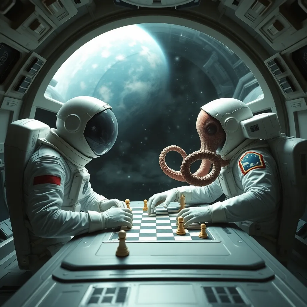 Two aliens sitting at a table inside a spaceship cabin with a large moon in the background.