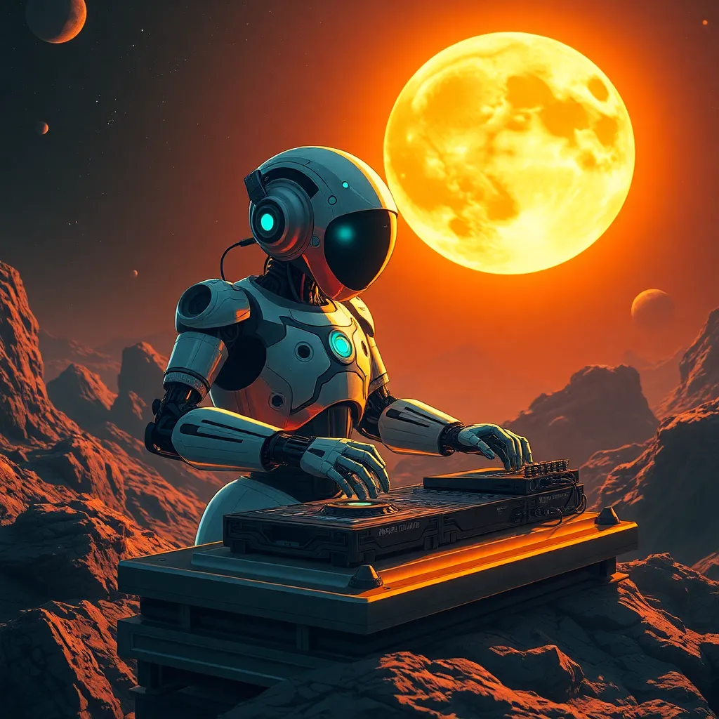 Robot-like figure with a glowing head sitting at a DJ turntable with a large moon in the background.