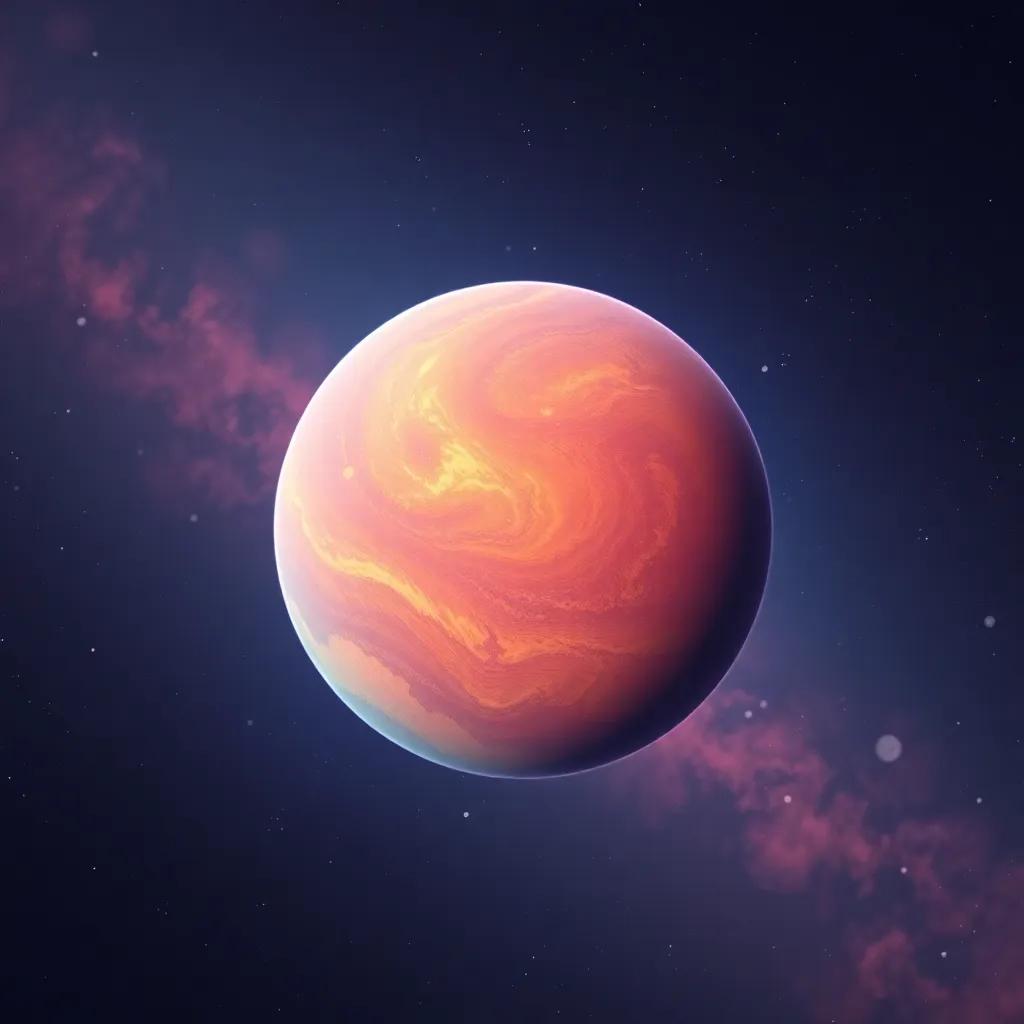 Pink planet with a swirling atmosphere against a dark, starry background.