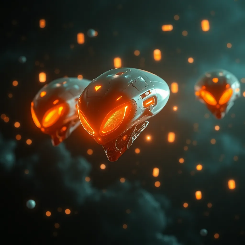 Glowing, heart-shaped objects floating in a dark space with sparkling lights.