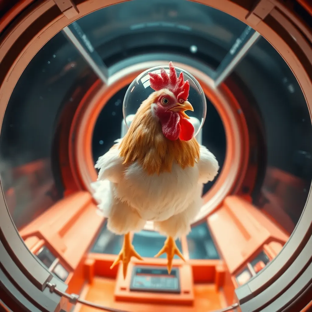 Chicken in a spacesuit floating inside a spaceship cabin.