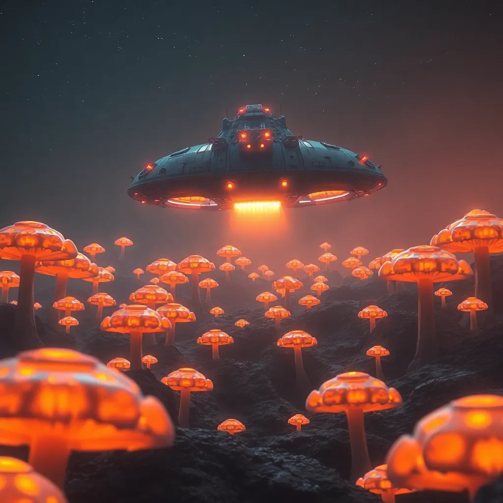 UFO flying over a landscape of glowing, mushroom-like structures.