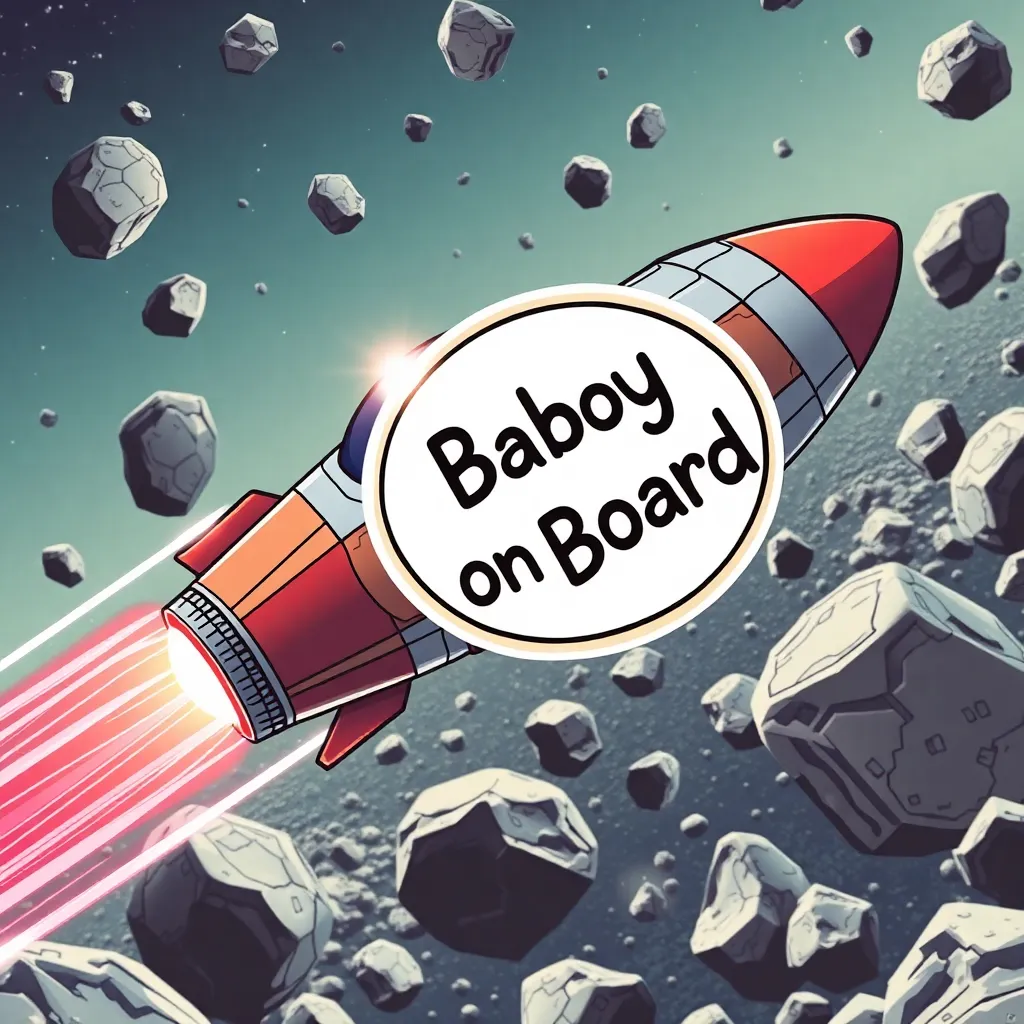 Rocket with a 'Baby on Board' sign flying through an asteroid field.