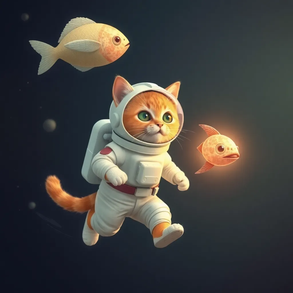 Cat in a spacesuit floating in space with two goldfish.