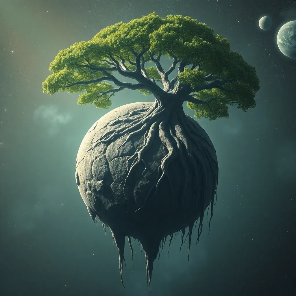 Tree growing on a floating, rocky sphere with a dark background.