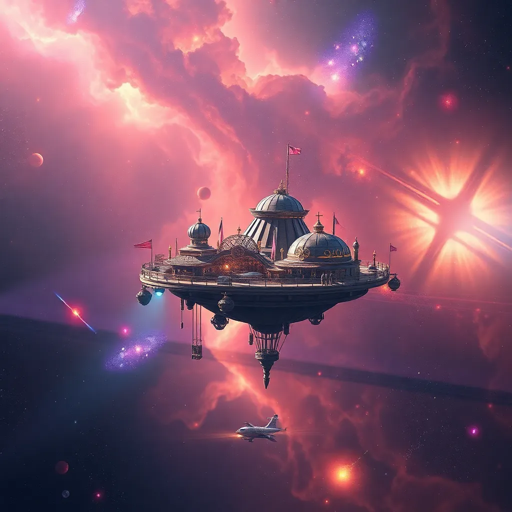 Floating island with a building on it against a colorful nebula background.