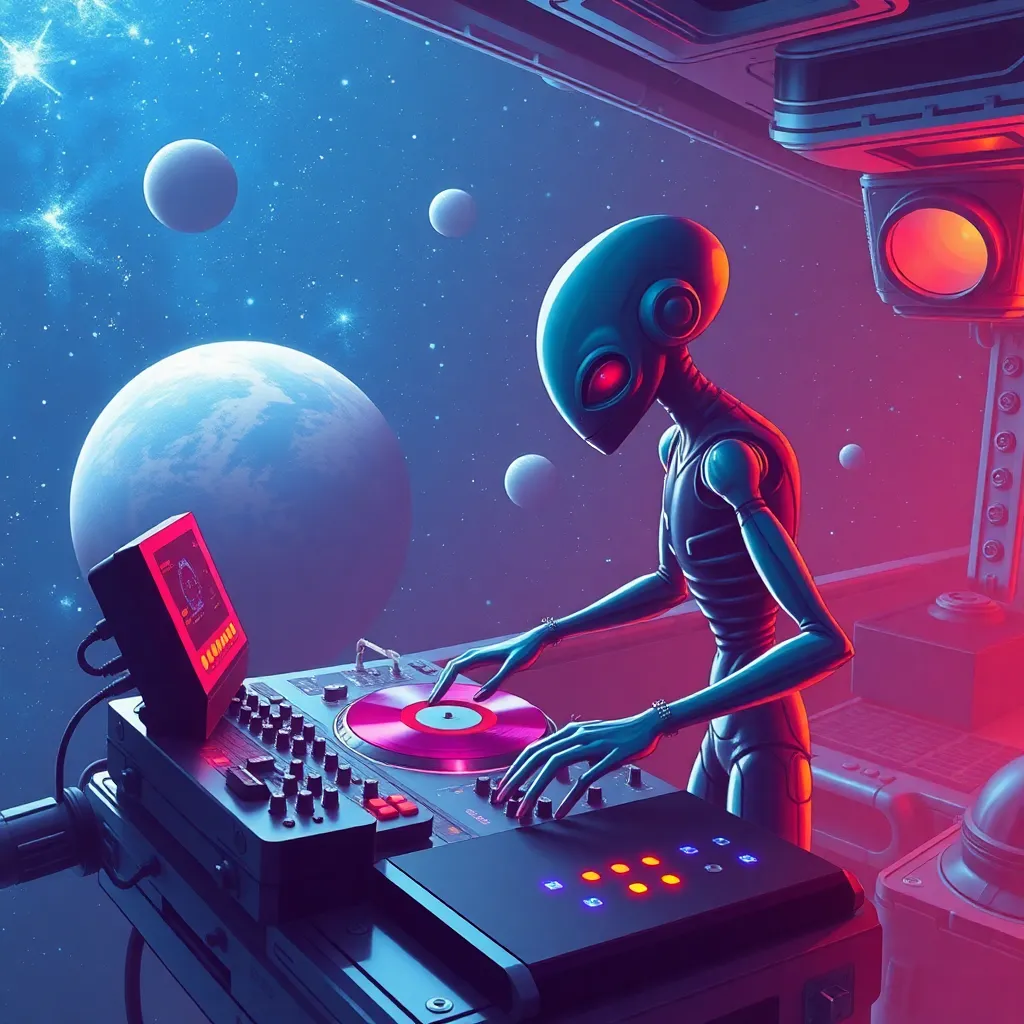 Alien figure using a computer or control panel in a futuristic room with planets in the background.