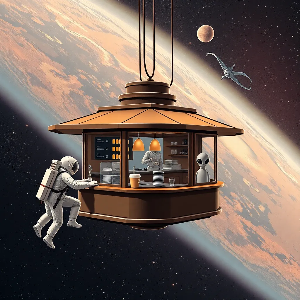 Astronaut climbing a ladder to a floating structure with people inside, against a backdrop of a large planet and space.