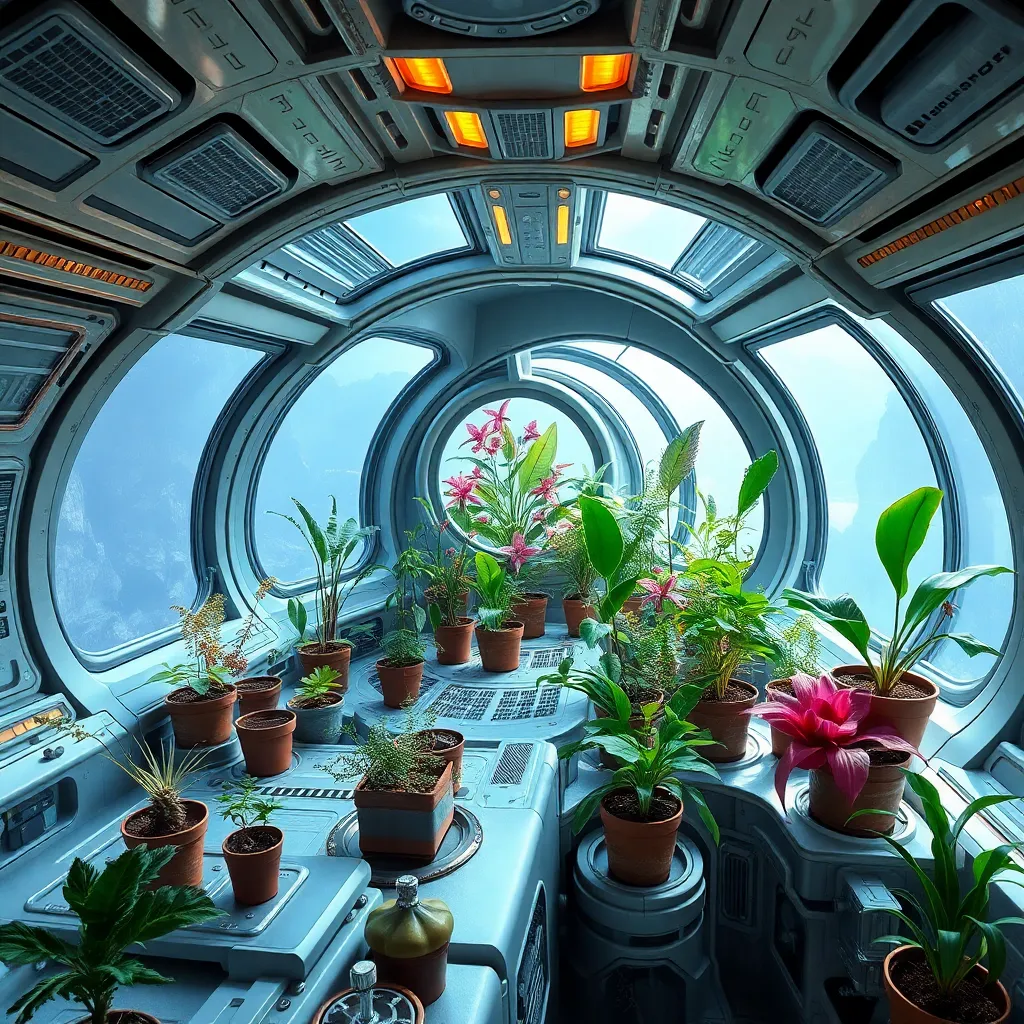 Interior of a spaceship with arched windows and potted plants lining the sides.