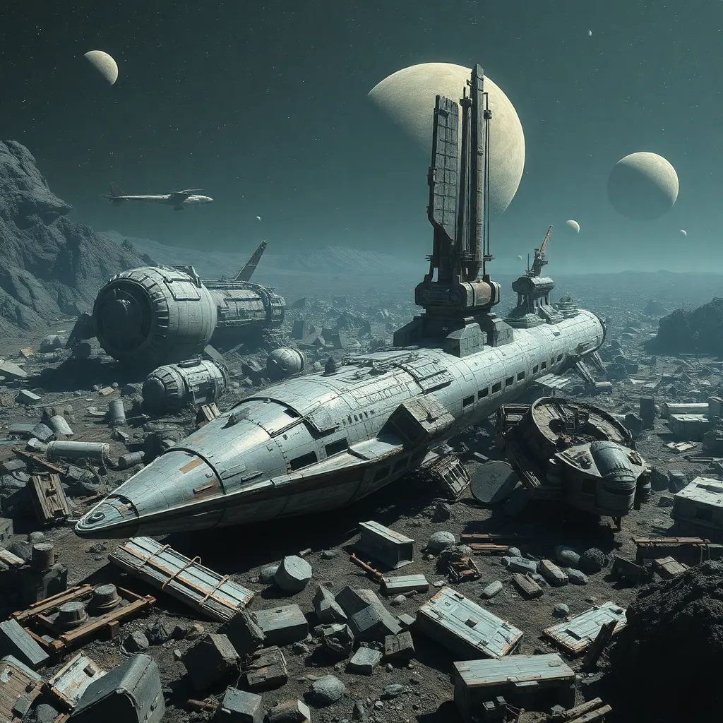 Wreckage of a spaceship or structure on a rocky, desolate surface with a moon in the sky.