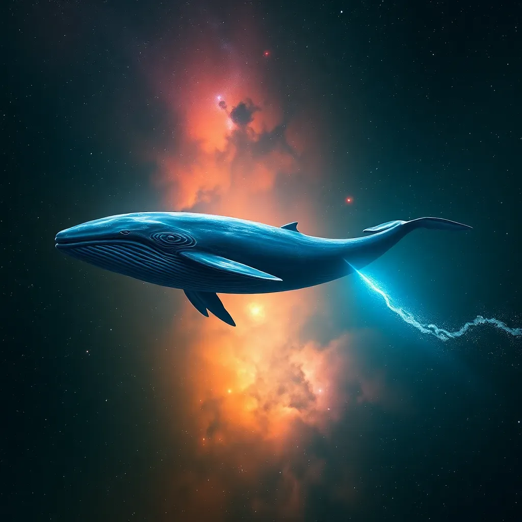 Whale swimming in a colorful nebula cloud with stars.