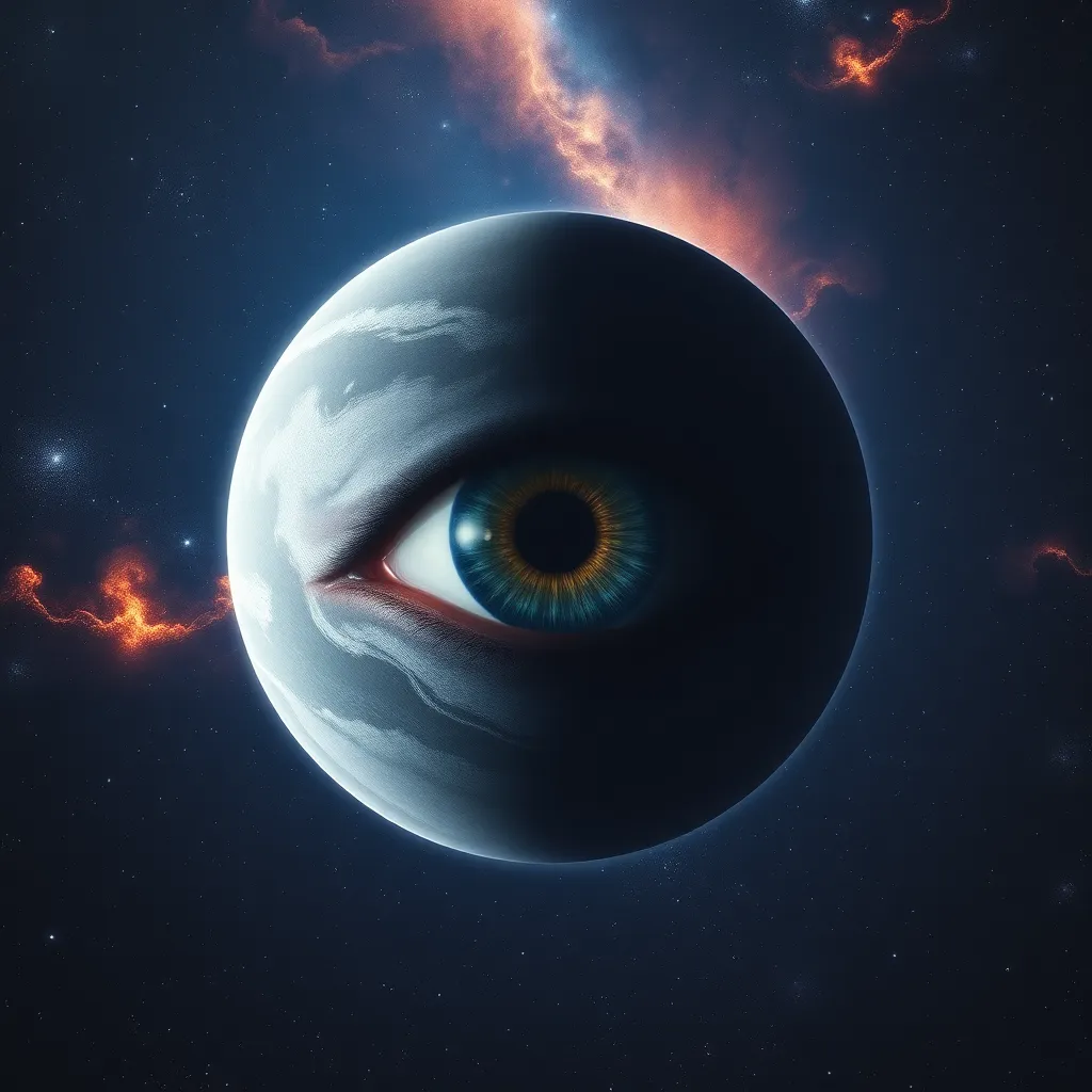 Planet with a large, realistic eye in its surface against a dark background.