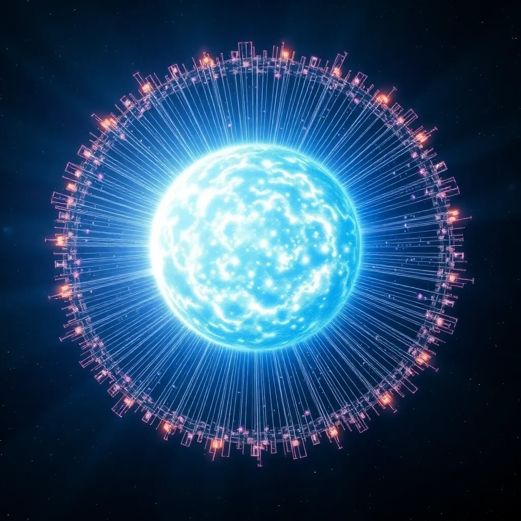 Blue glowing star with a radiating pattern of lines and dots.