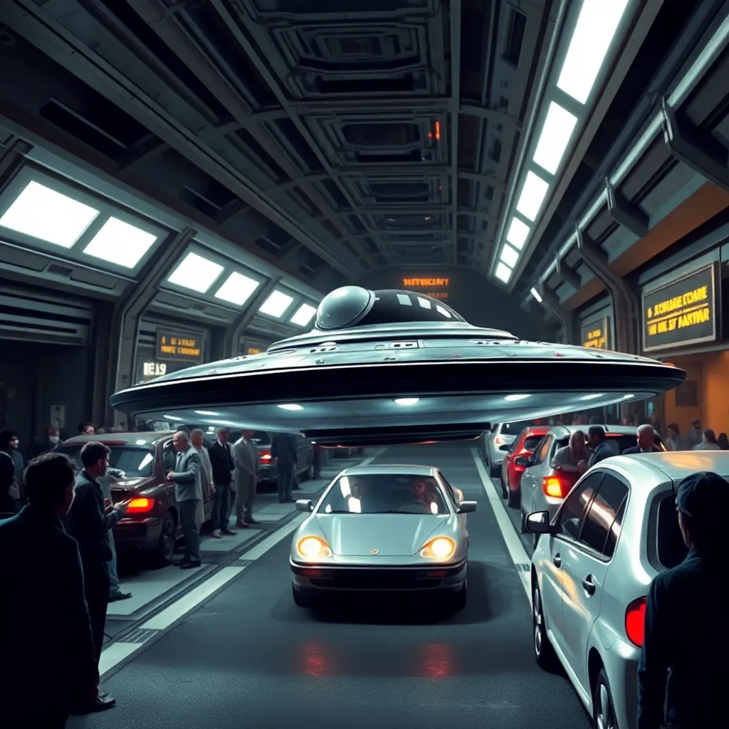 UFO hovering over a busy street with cars and people walking.