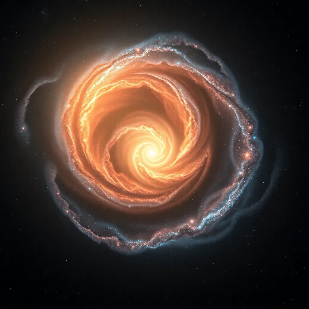 Swirling galaxy with a bright orange center and a blue halo.