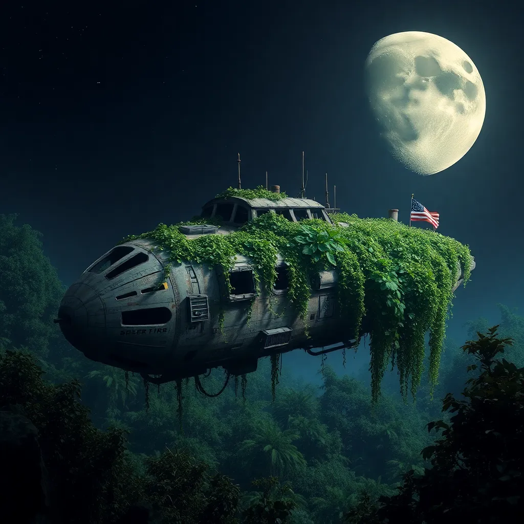 Overgrown spaceship with vegetation growing on it, parked on a forest landscape with a moon in the sky.