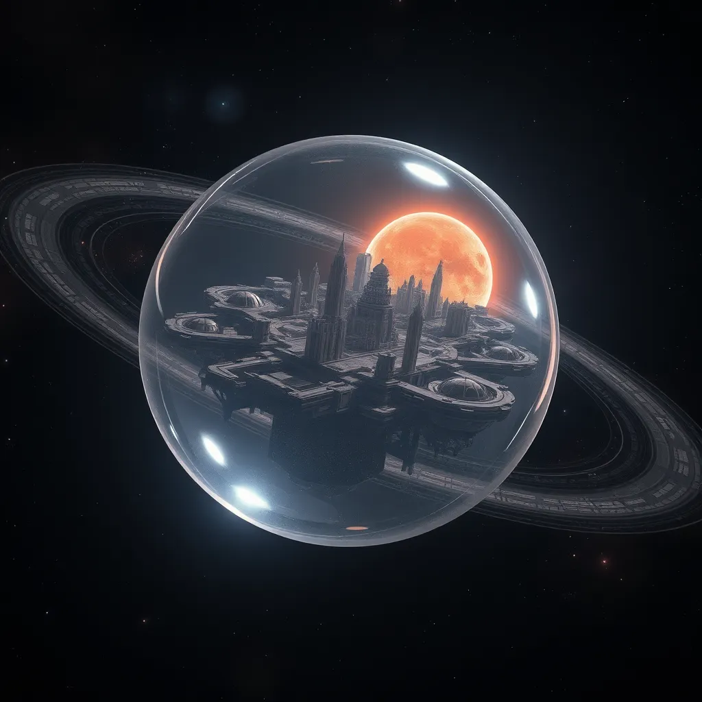 Glass sphere with a cityscape inside, surrounded by rings and a dark space background.