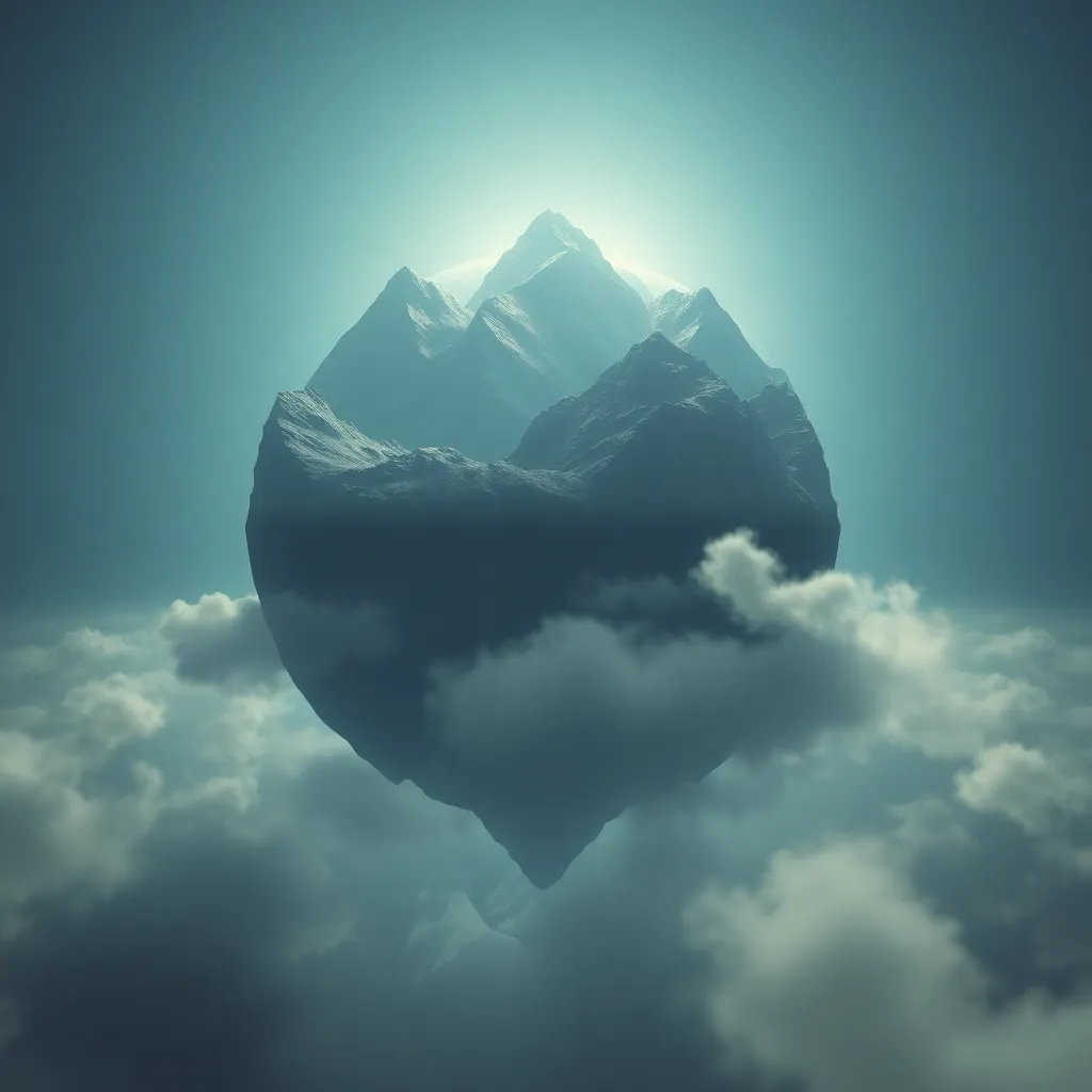 Floating, rocky mountain peak above clouds with a blue sky background.