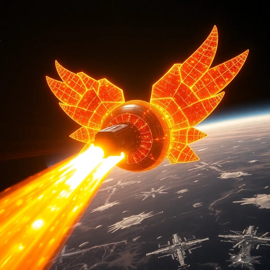 Bird-like creature with glowing orange wings and a rocket trail coming from its body, flying above a planet.