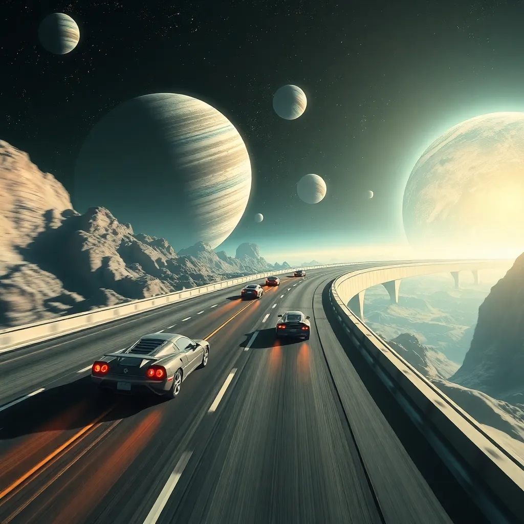 Cars driving on a road with planets and moons in the sky.