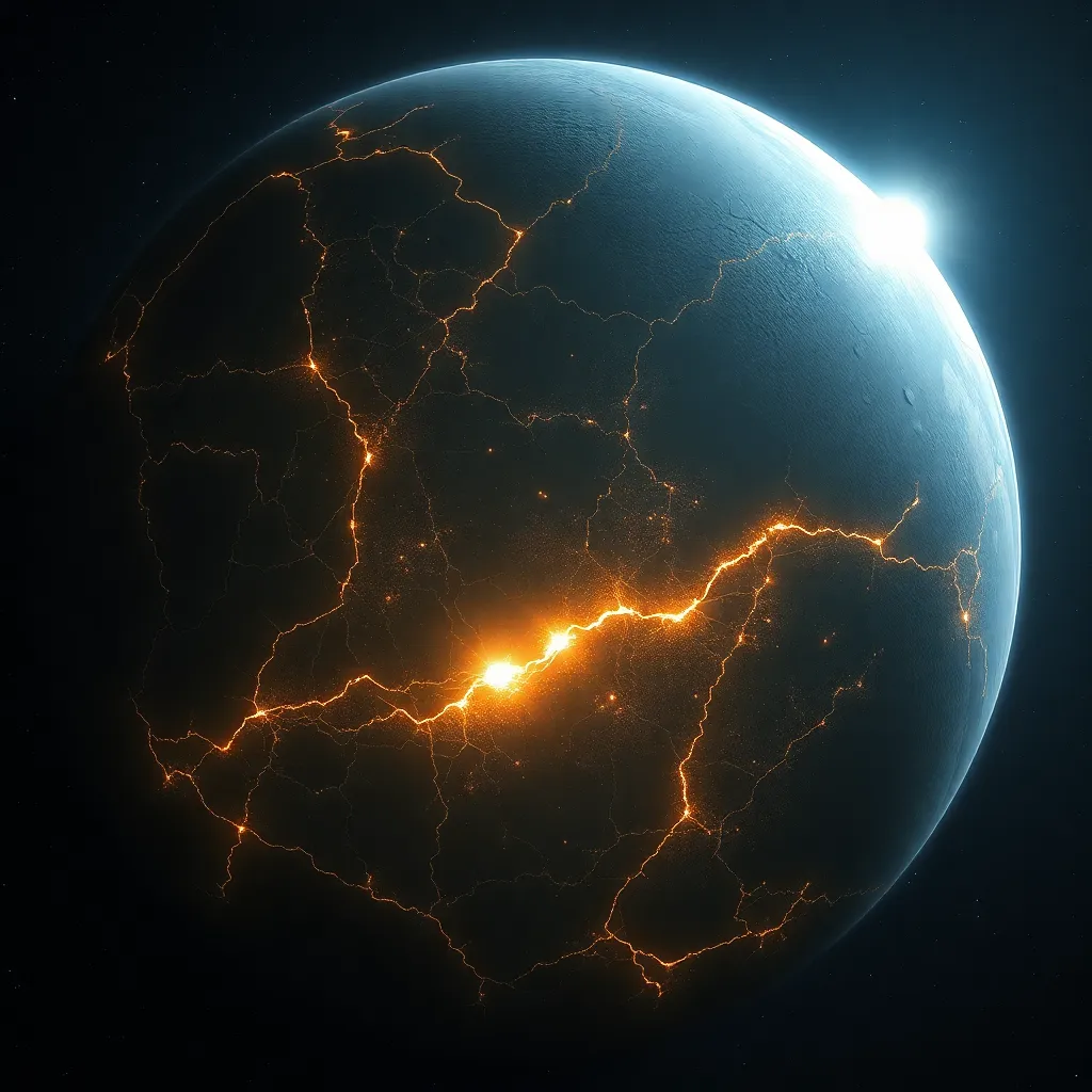 Planet with glowing cracks on its surface and a bright light source behind it.