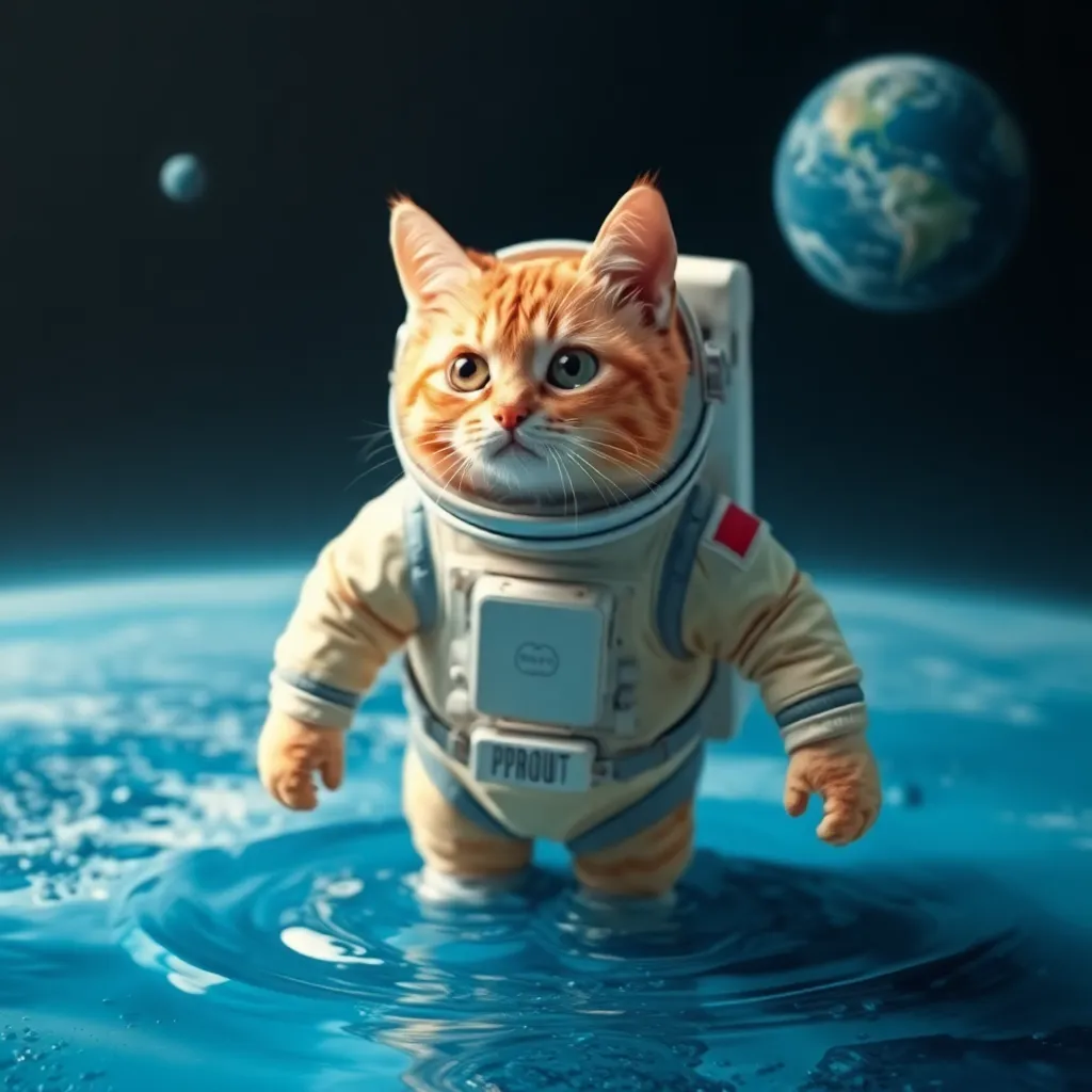 Cat in a spacesuit standing in water with Earth in the background.