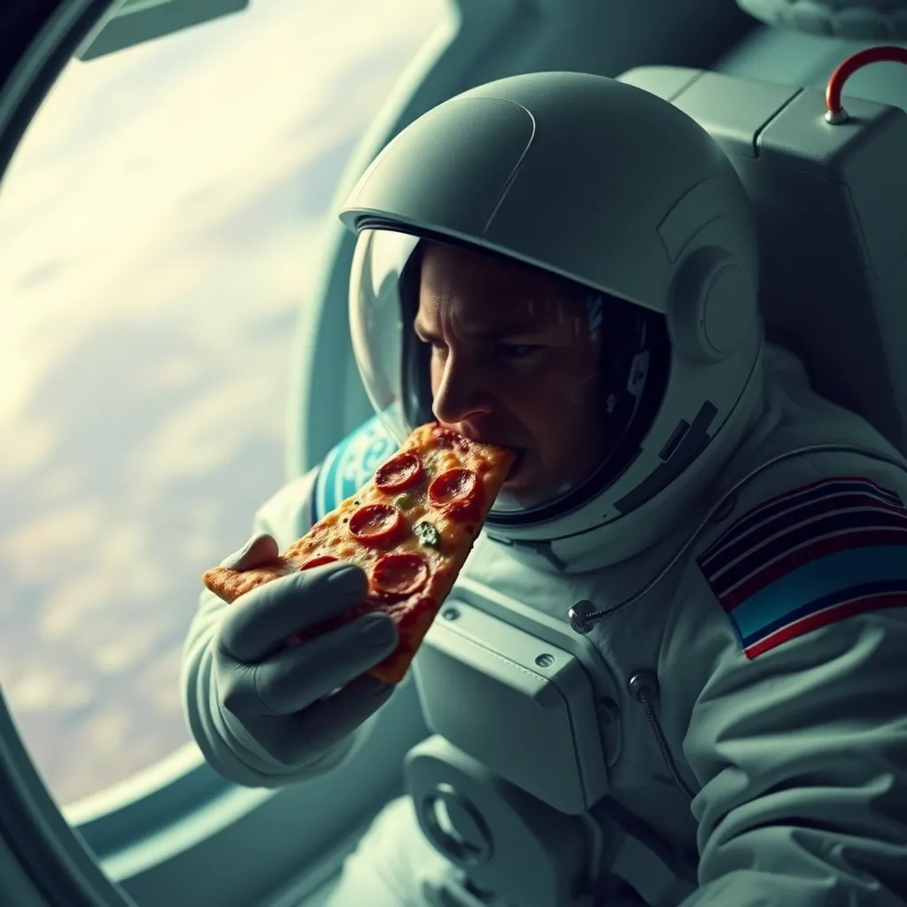 Astronaut in a spacesuit eating pizza inside a spaceship cabin.