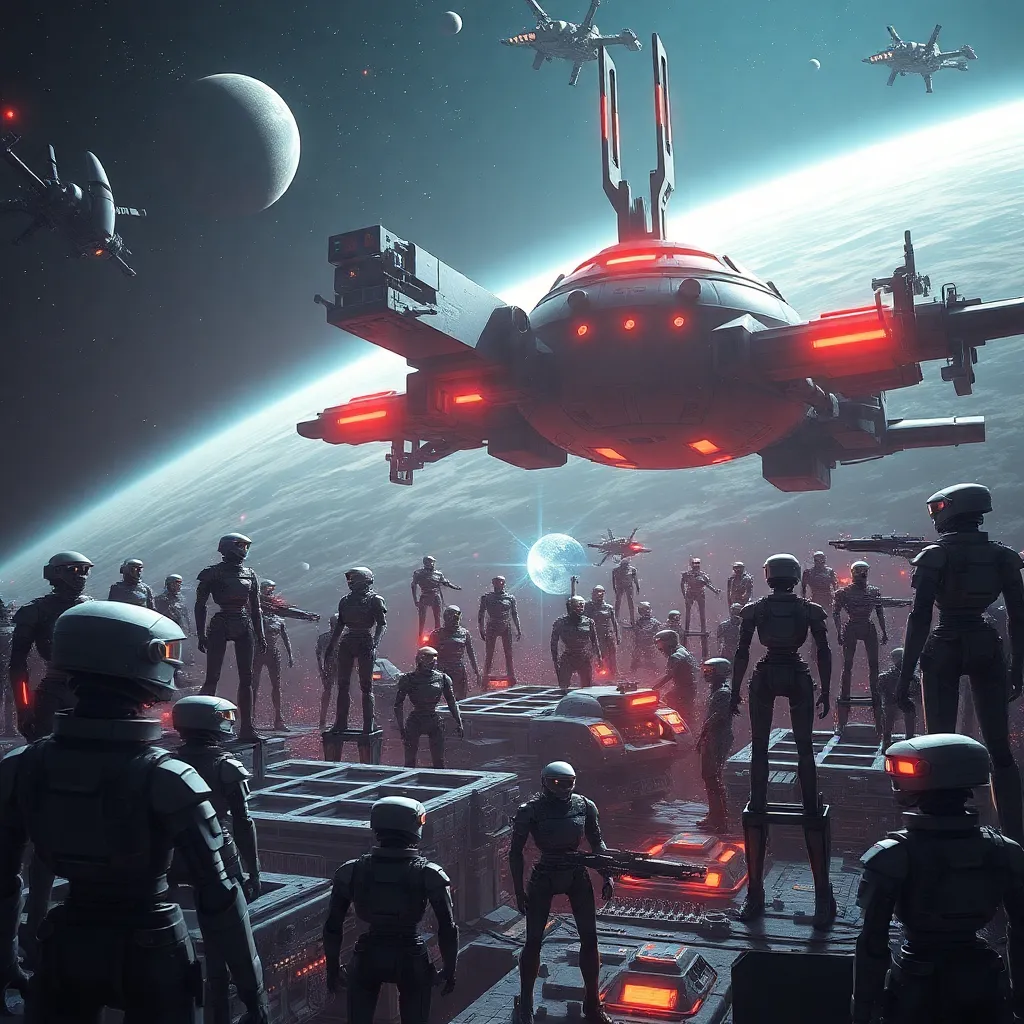 Spaceship hovering above a crowd of figures on a rocky surface with a planet and moons in the background.