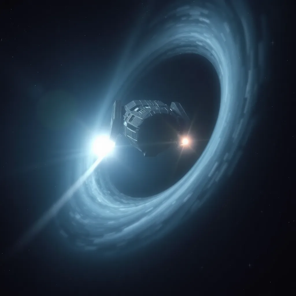 Black hole with a swirling ring of light against a dark background.