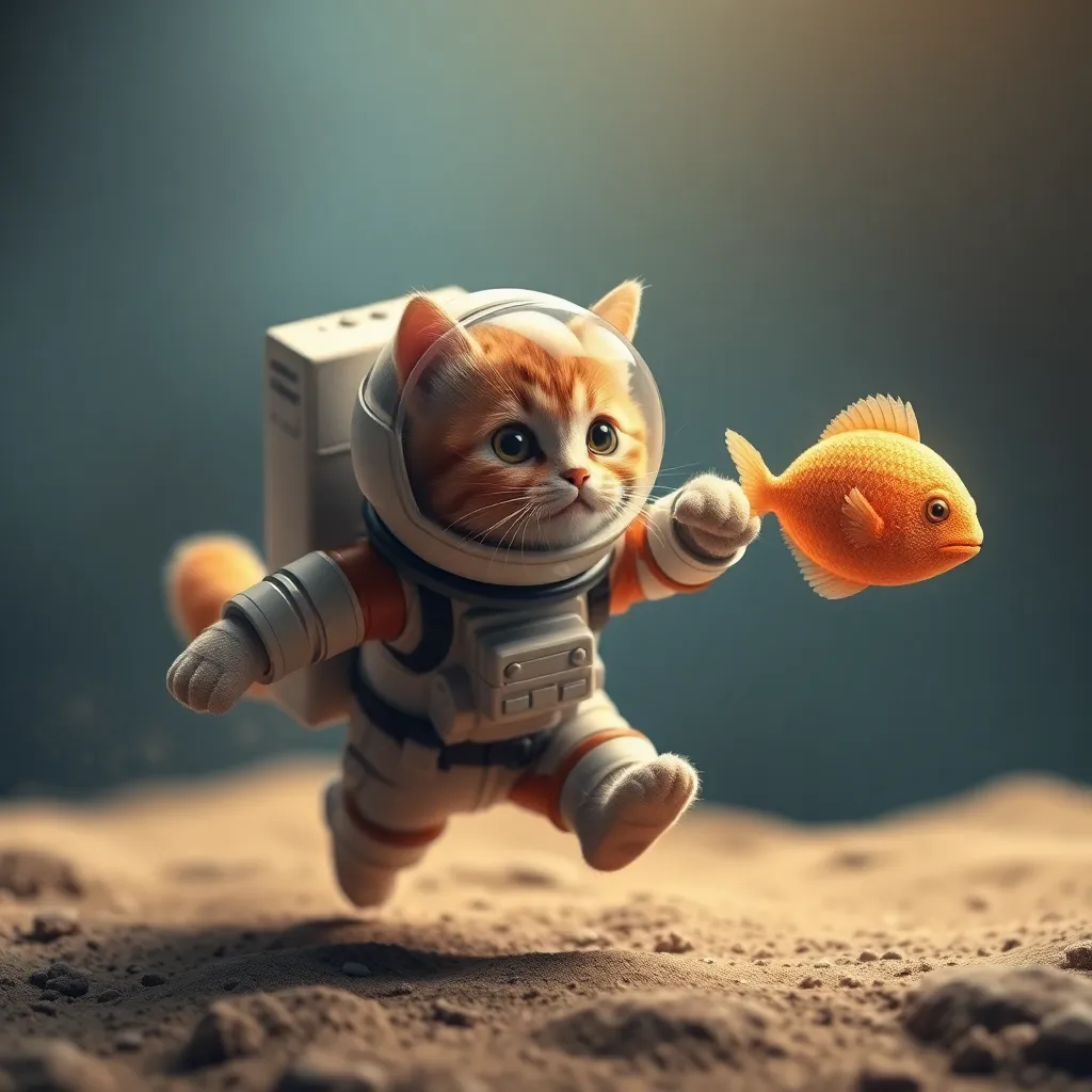 Cat in a spacesuit running on a sandy surface with a fish toy in its hand.