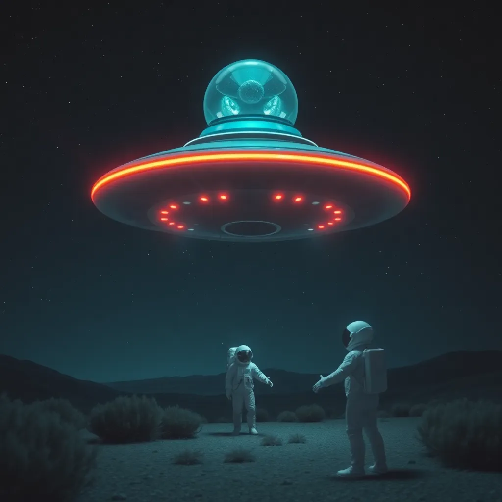 UFO hovering above two silhouetted figures on a desolate landscape.