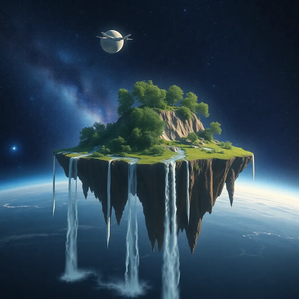 Floating island with trees and waterfalls against a backdrop of Earth and space.