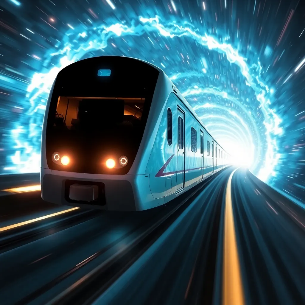 Futuristic train speeding through a tunnel with glowing blue energy.