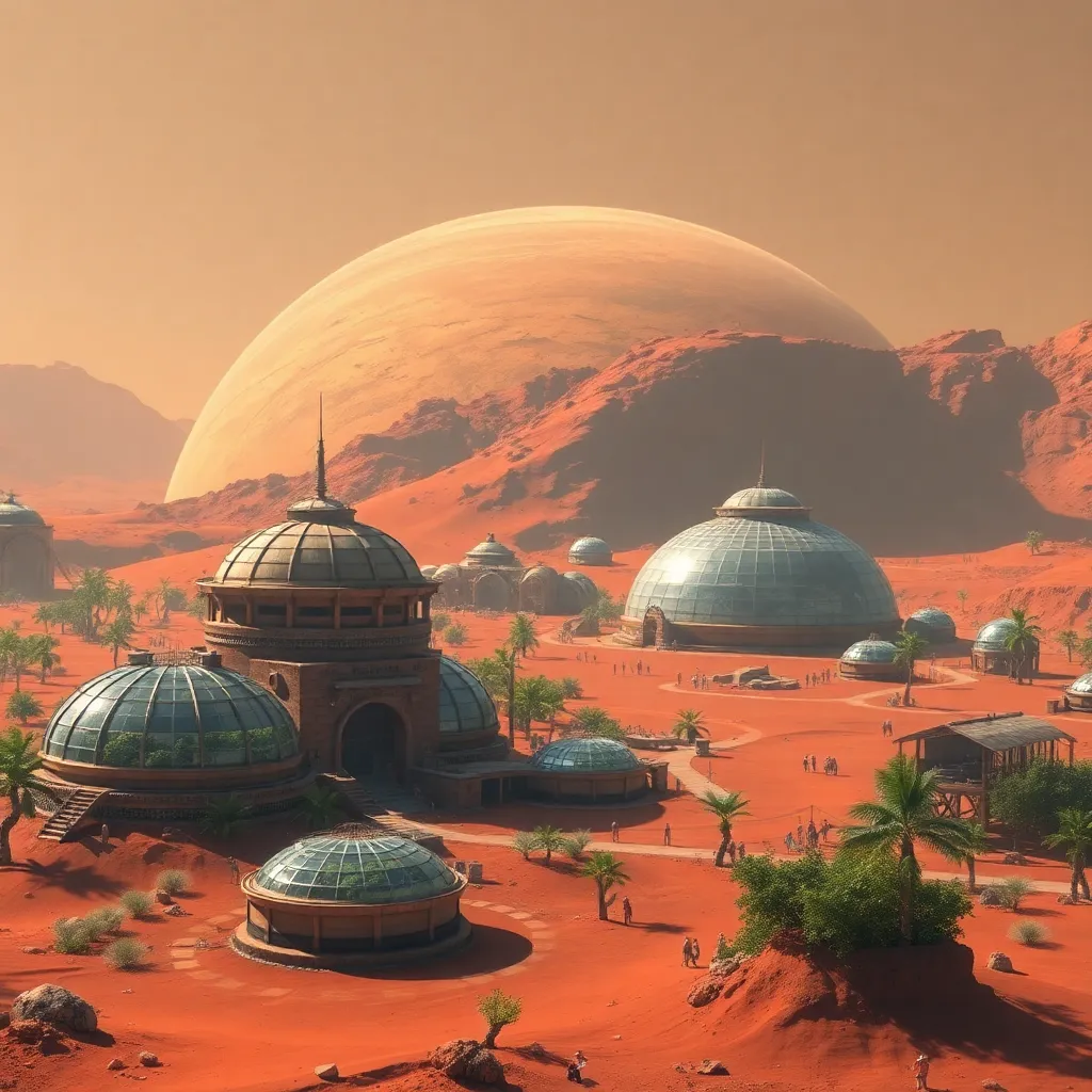 Desert landscape with dome-shaped structures and a large, orange planet in the sky.