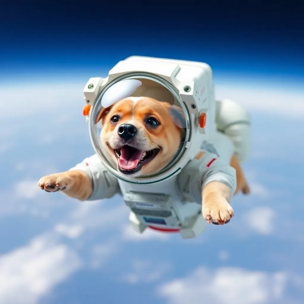 Dog in a spacesuit floating in space with Earth in the background.