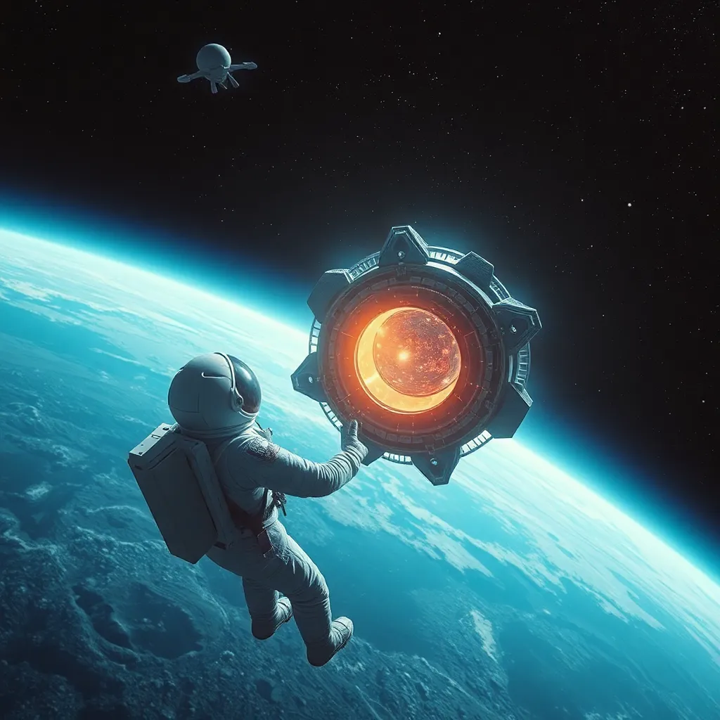 Astronaut floating in space, holding a glowing, geometric object with Earth in the background.