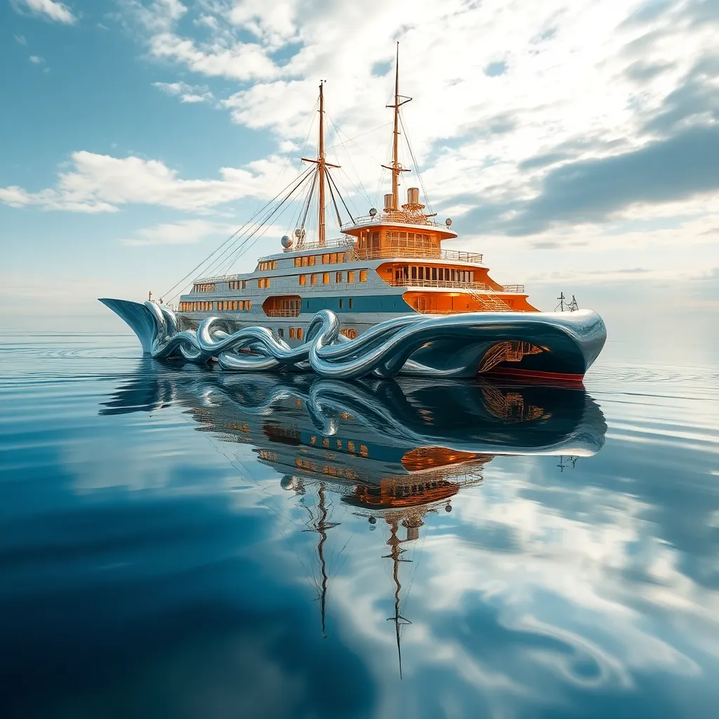 Ship floating on a calm body of water with a cloudy sky above.