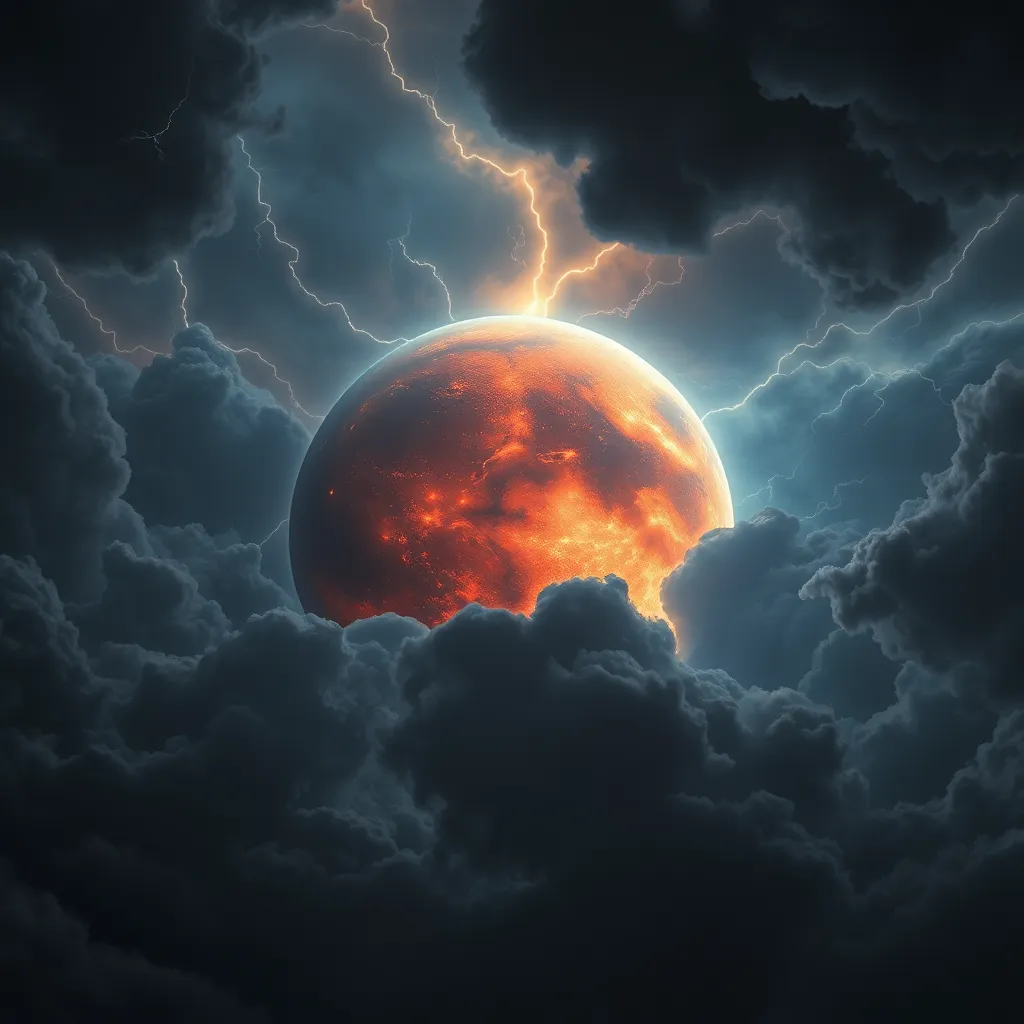 Planet with a fiery surface and lightning bolts against a cloudy, dark background.