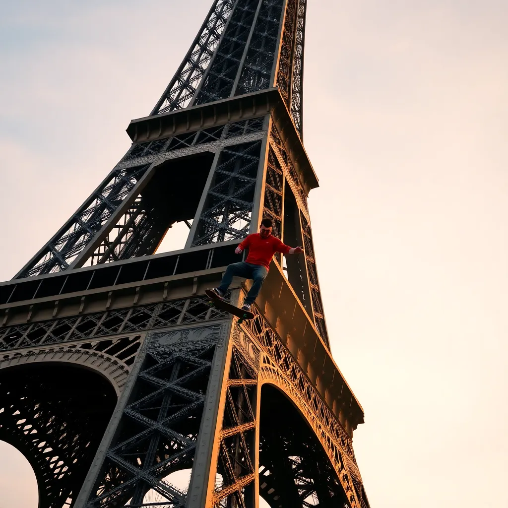 Low-angle shot of the Eiffel Tower against a pale sky.