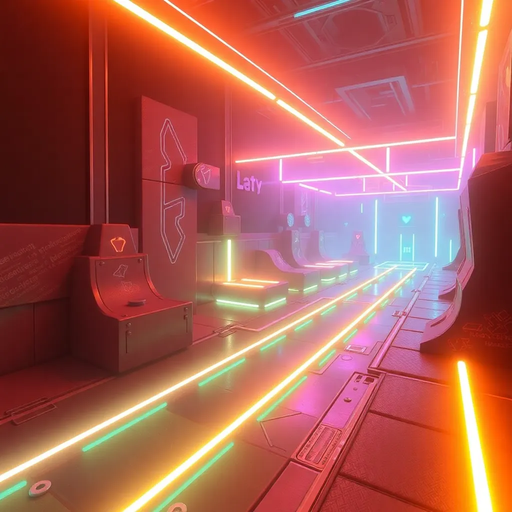 A futuristic hallway with glowing red and green neon lights, creating a vibrant and dynamic scene.