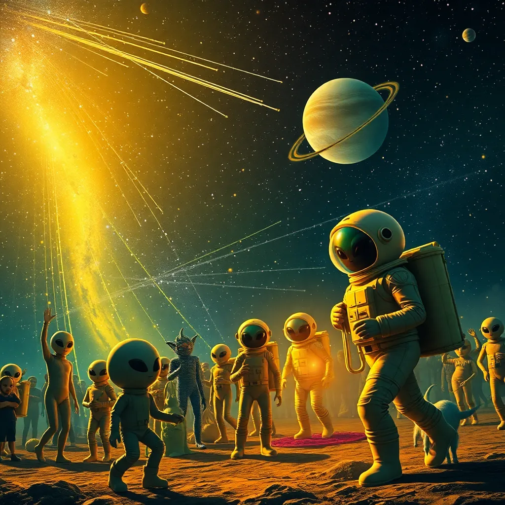 An astronaut in a spacesuit walks on an alien planet with multiple moons and small alien figures.